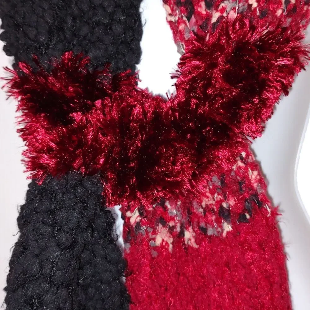 Cejon red black scarf soft fuzzy multi texture scarf
